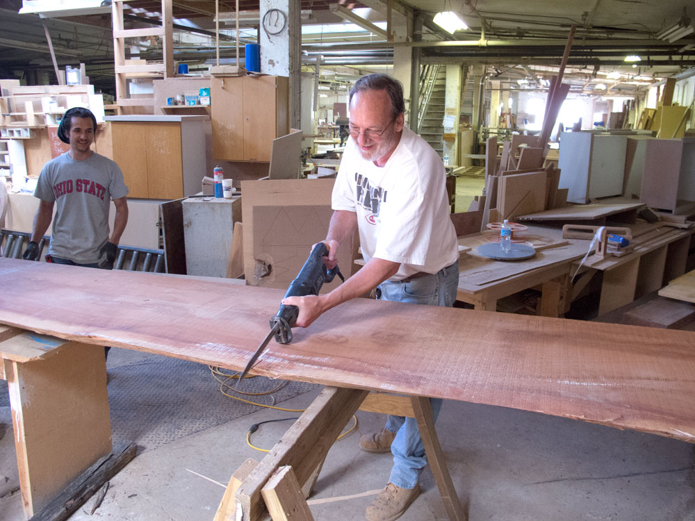 Daryl tries a recip saw on a Sipo plank. 