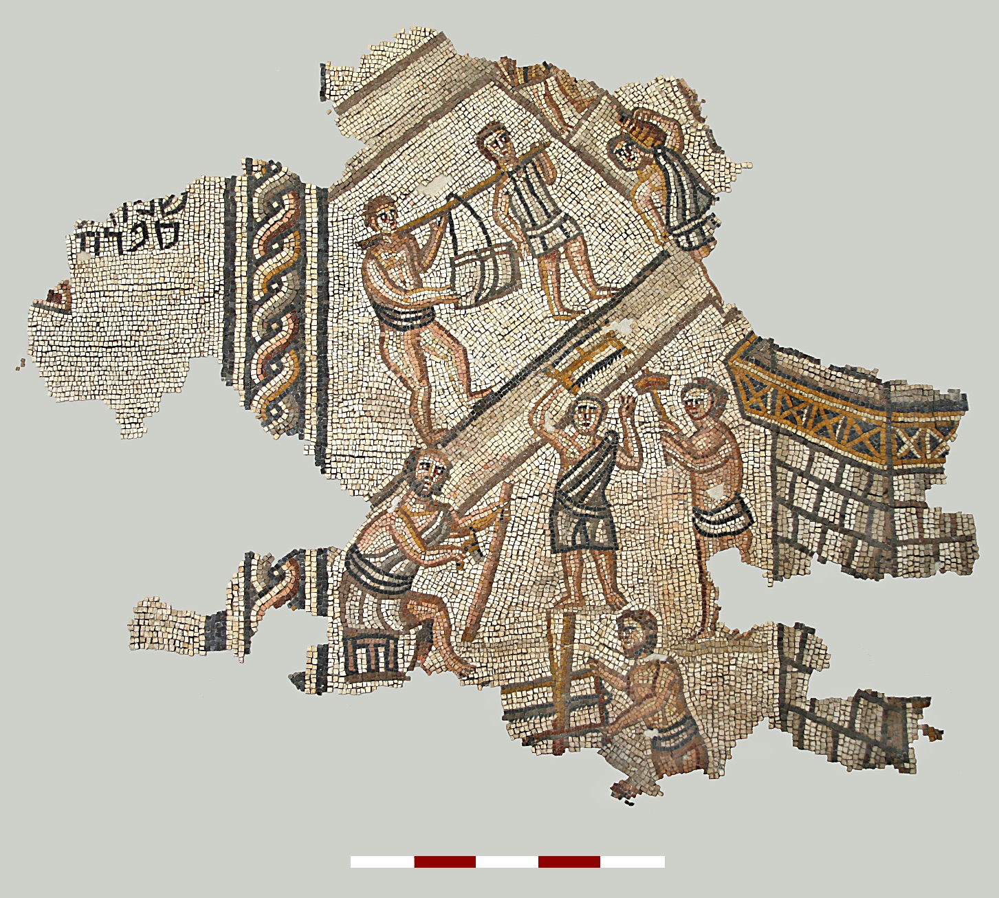Largest mosaic fragment of the Construction scene, Khirbet Wadi Haman, Israel.