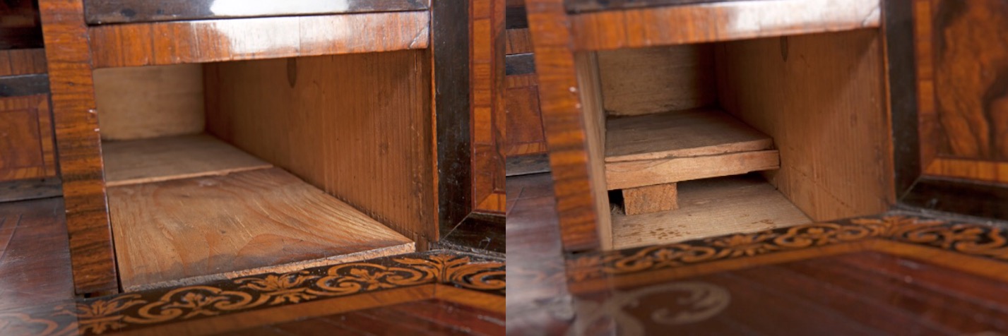 Left: the base of the lower right-hand drawer. Right: the hiding place.