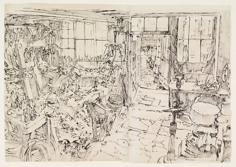 Interior of Workshop of Mr. Clapp, Cooper, Walton Street, Bath, 1940.