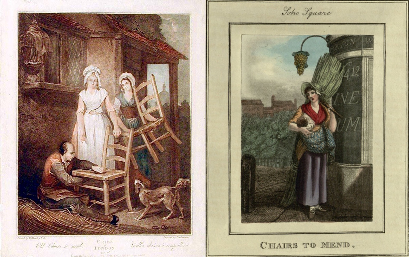 "Old Chairs to Mend" from two "Cries of London" from (left) 1795 and (right) 1821, (British Library).