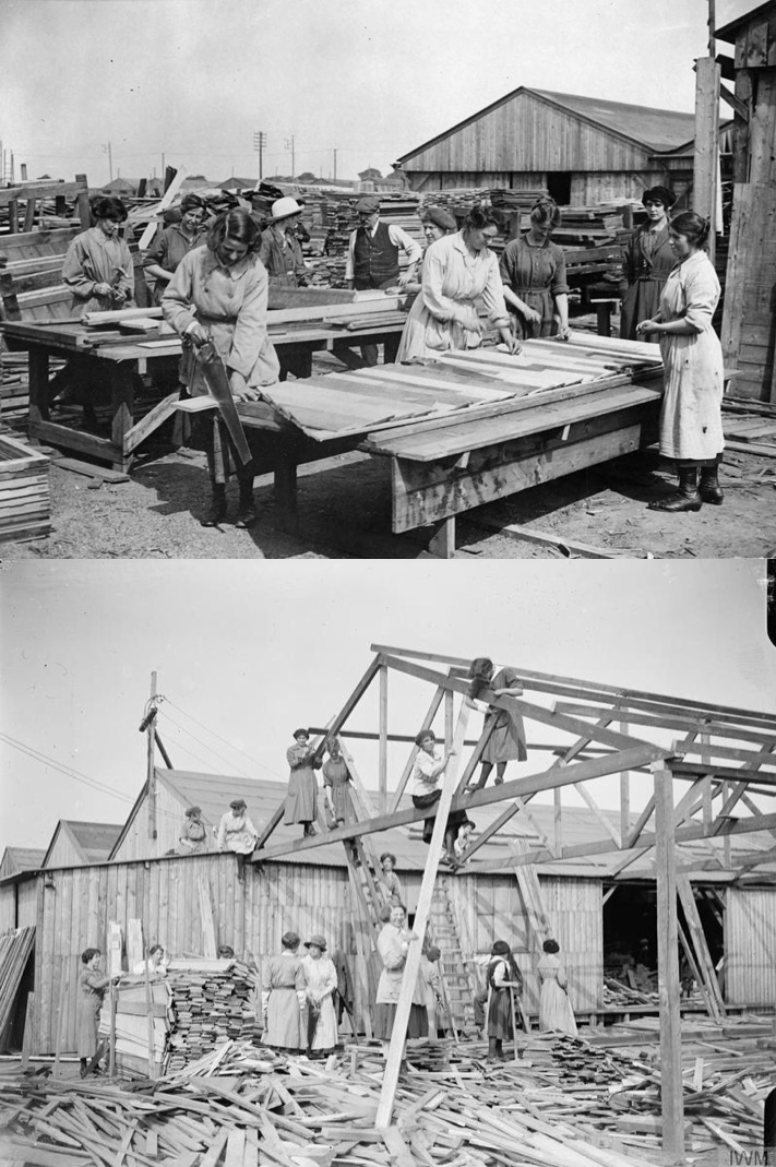 Women making huts for a war contractor near the front in Calais, France. 