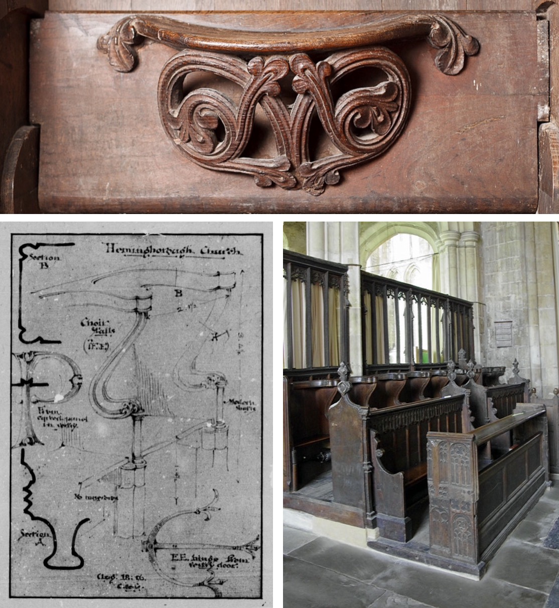 Top: Last and oldest misericord, dated 1200. Bottom left: measured drawing of choir stall. Bottom right: last remaining choir stalls (back row). St. Marybthe Virgin Church, Hemingbrough, England.
