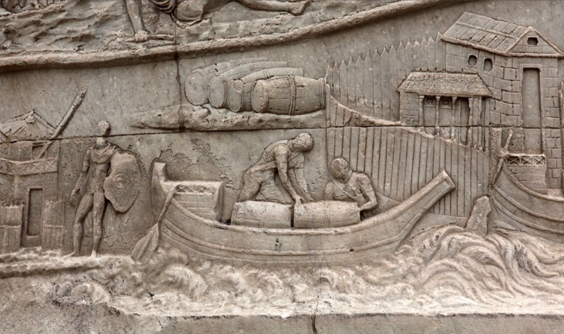 Loading barrels on a boat in the Danube, Trajan's Column in Rome, completed 113 AD.
