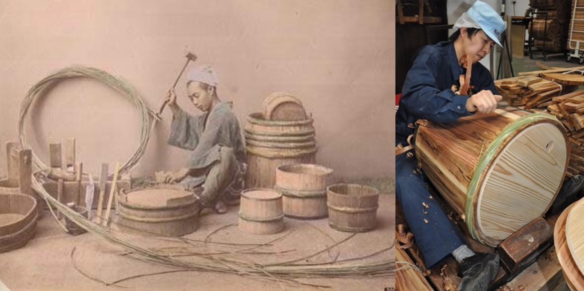 Left: Late 19th- to early-20th c. cooper. Right: a 21st c. cooper making a sake barrel.