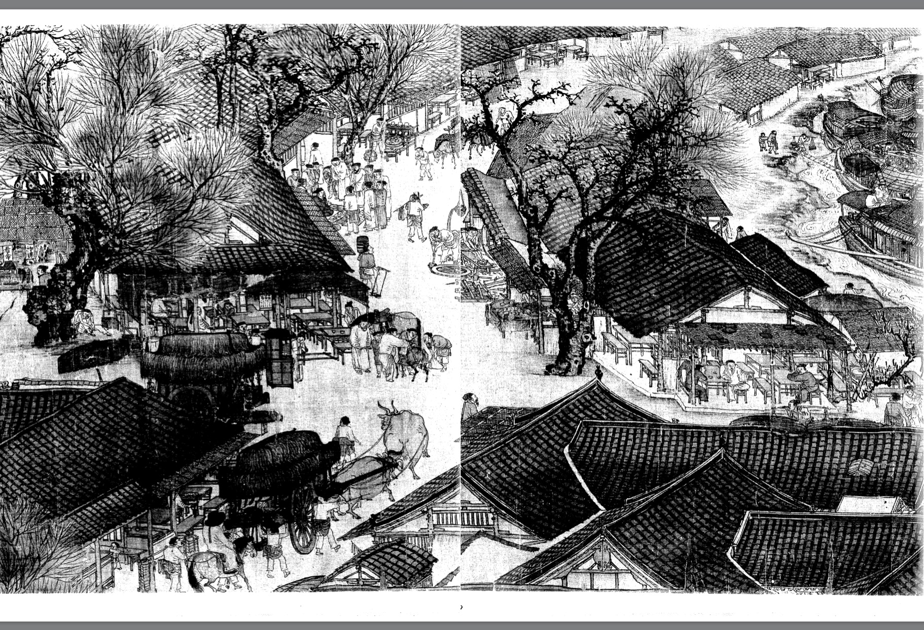 Center: the wheelwright's shop on the "Qingming shanhe tu" scroll.