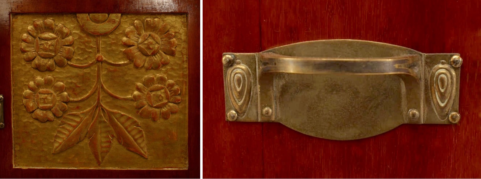 Carved sunflower panel and brass drawer pulls.