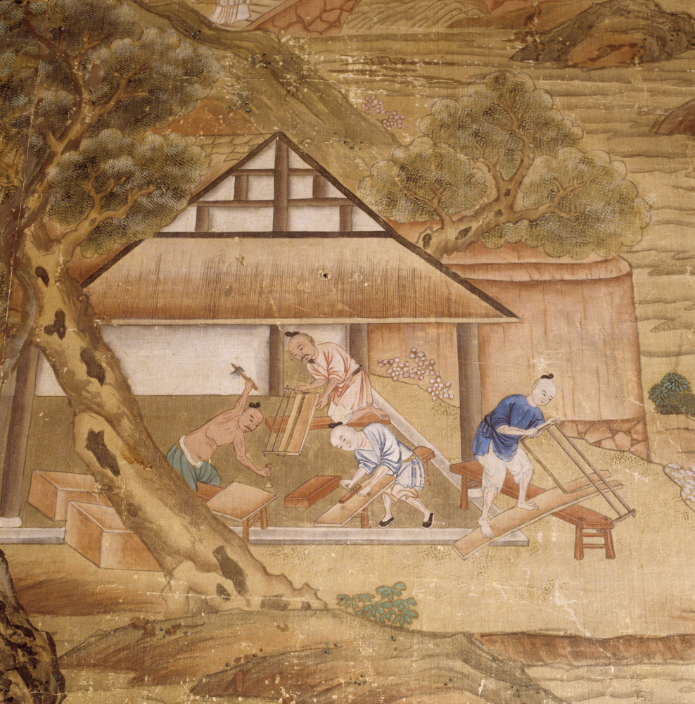 17th c. Chinese wallpaper on silk at Saltram. Carpenters making tea chests. National Trust photo.