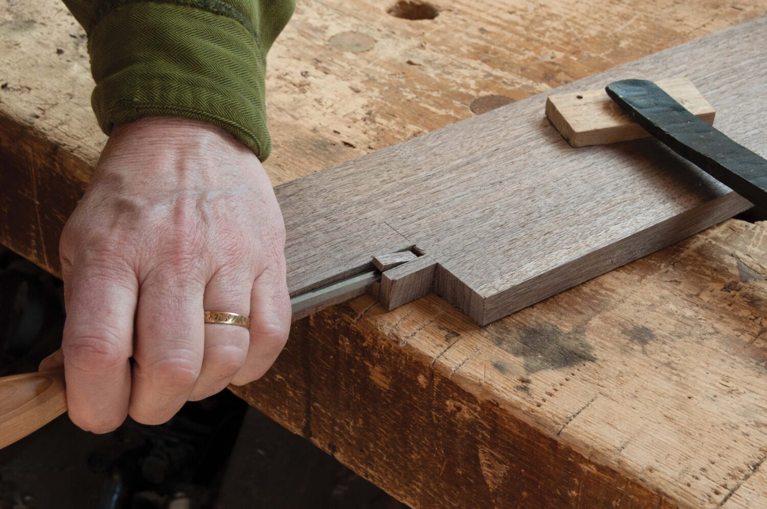 breaking out waste with a chisel from the end of a tenon cut